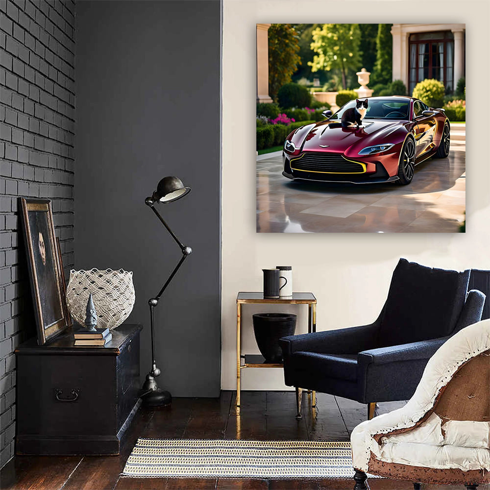 Burgundy Aston Martin Vantage with Cat - Elegance on Wheels