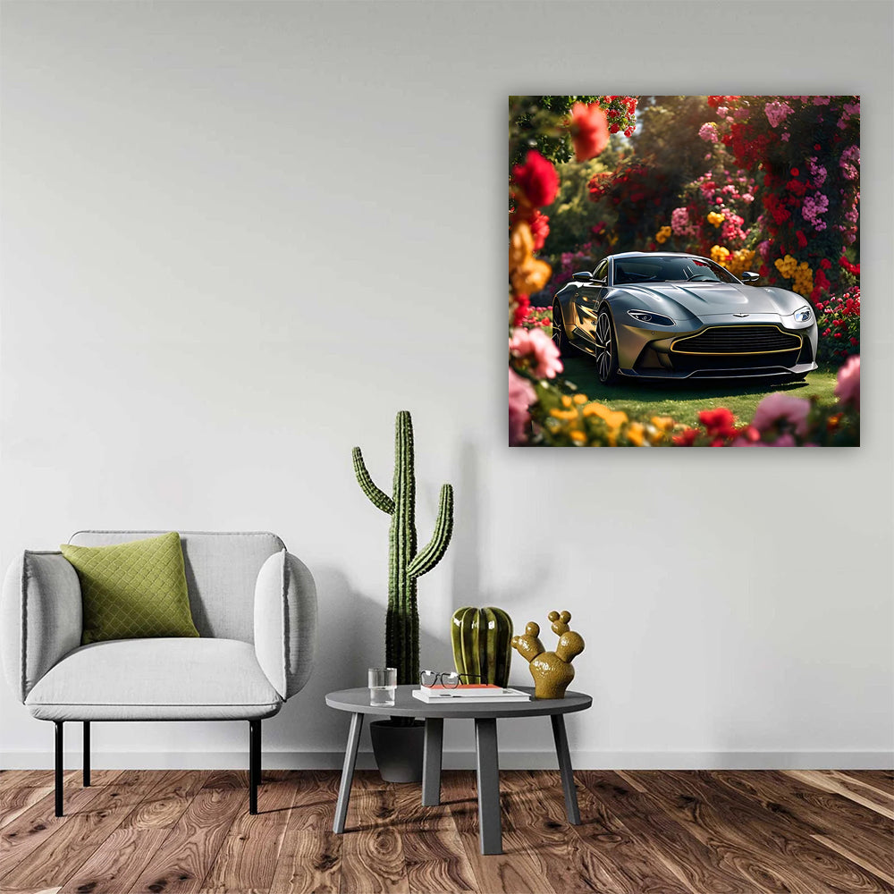 Sleek Gray Aston Martin Vantage Amidst Flowers - Elegance in Motion
