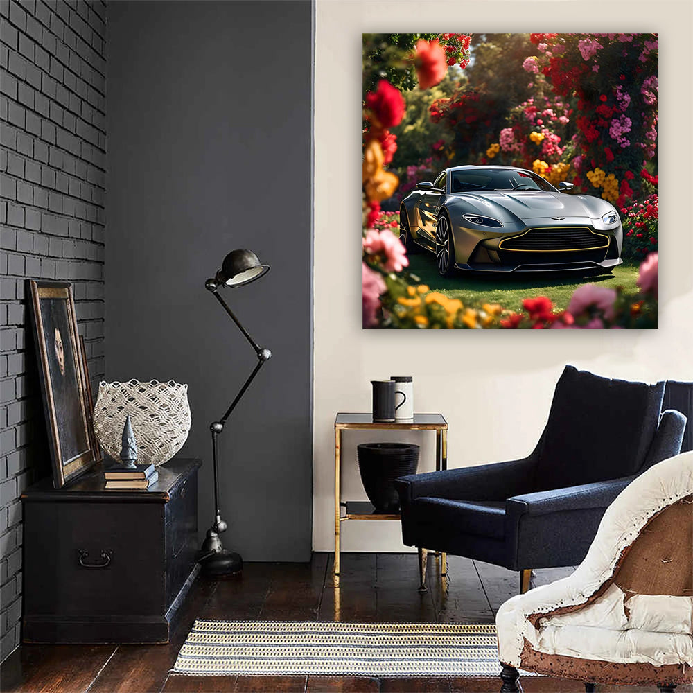 Sleek Gray Aston Martin Vantage Amidst Flowers - Elegance in Motion