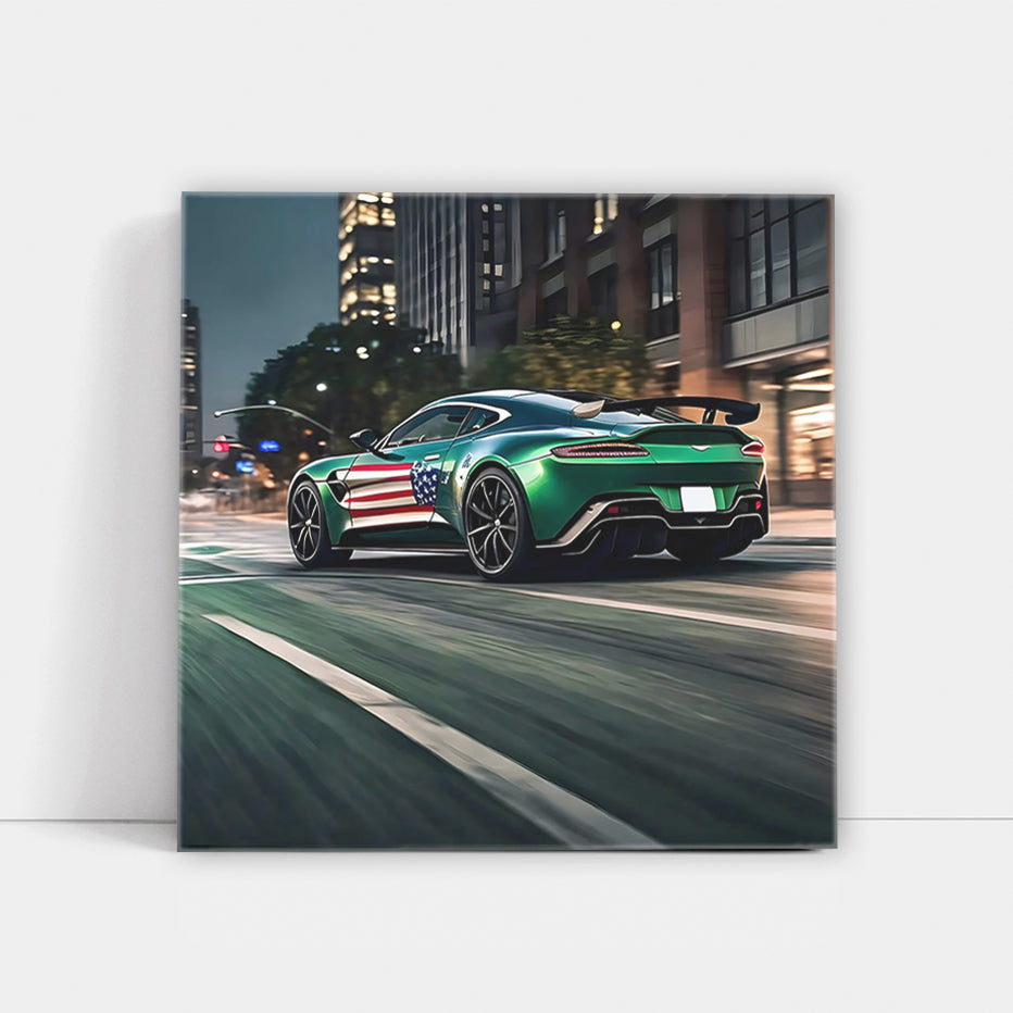 Aston Martin Vantage in Green with US Flag - Elegance Unleashed