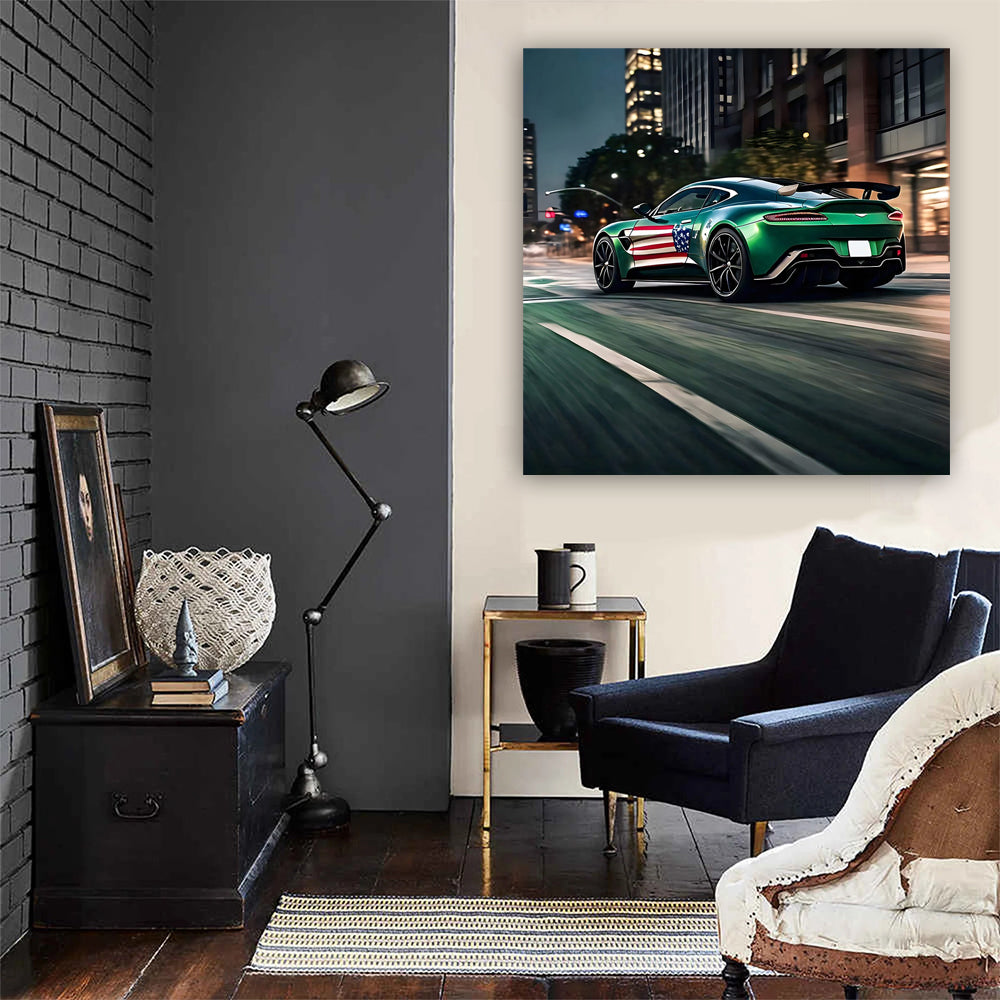 Aston Martin Vantage in Green with US Flag - Elegance Unleashed