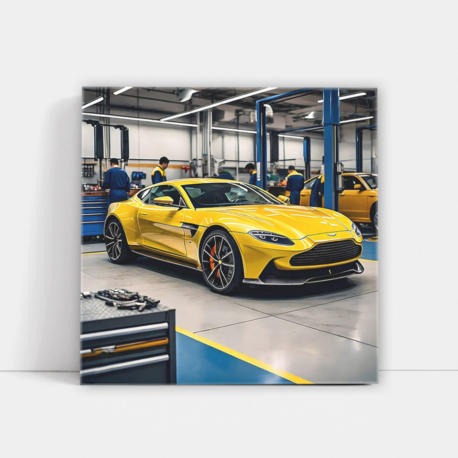 Aston Martin Vantage in Yellow at Auto Service Center - Iconic Elegance