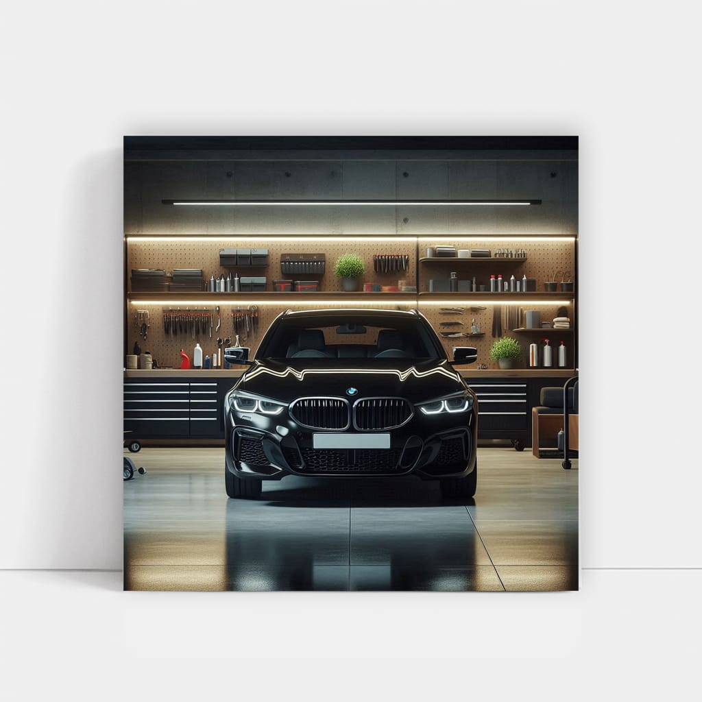 Sleek Black BMW in Garage - Elegance Meets Performance