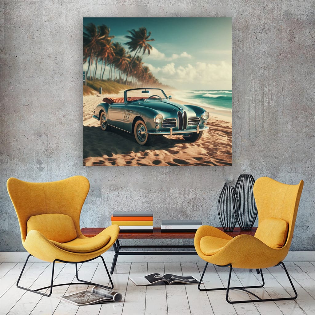 Bmw Retro Cabrio On Beach Wall Art