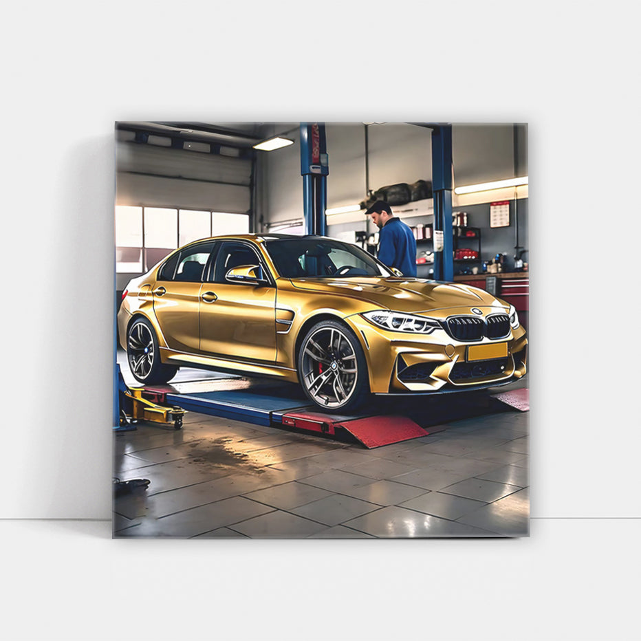 Gold BMW M3 in Auto Service - High Performance Icon