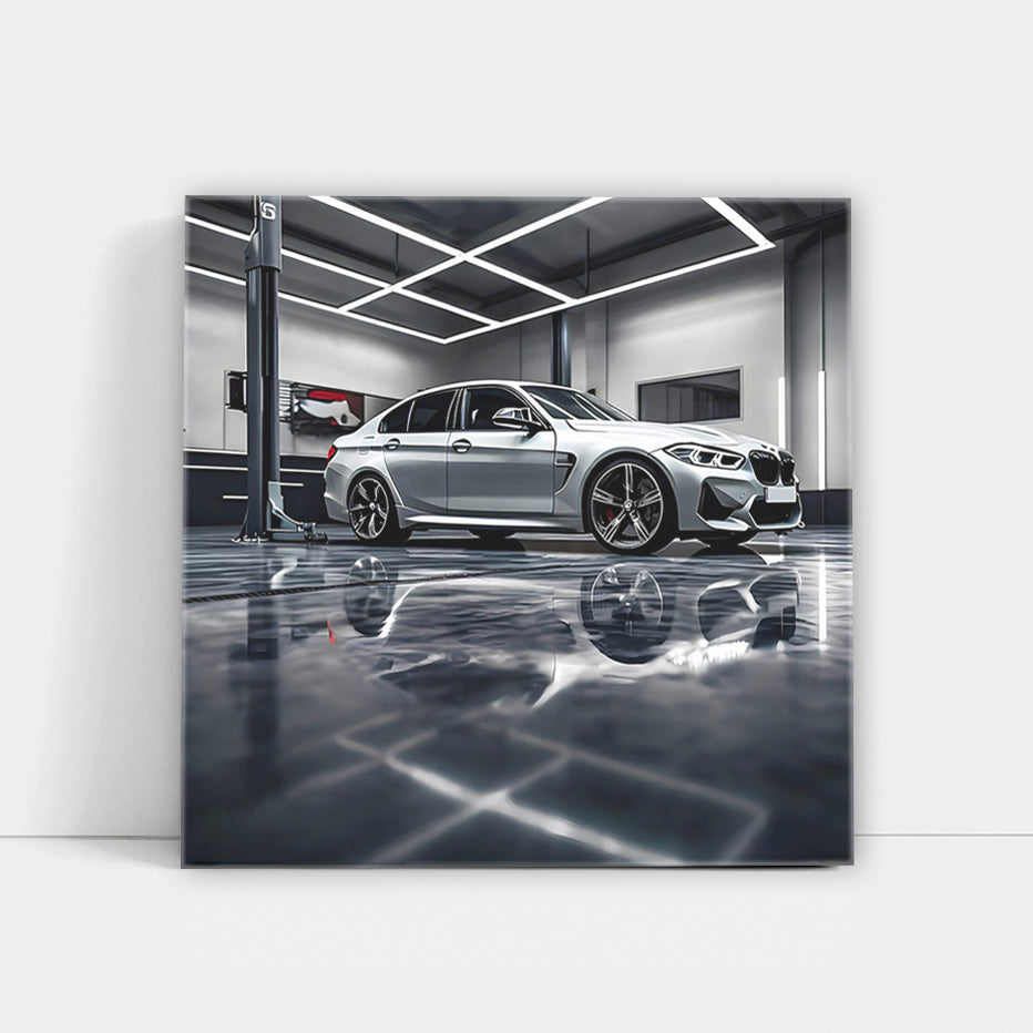Sleek Silver BMW M3 Parked in Garage - Luxury Meets Performance