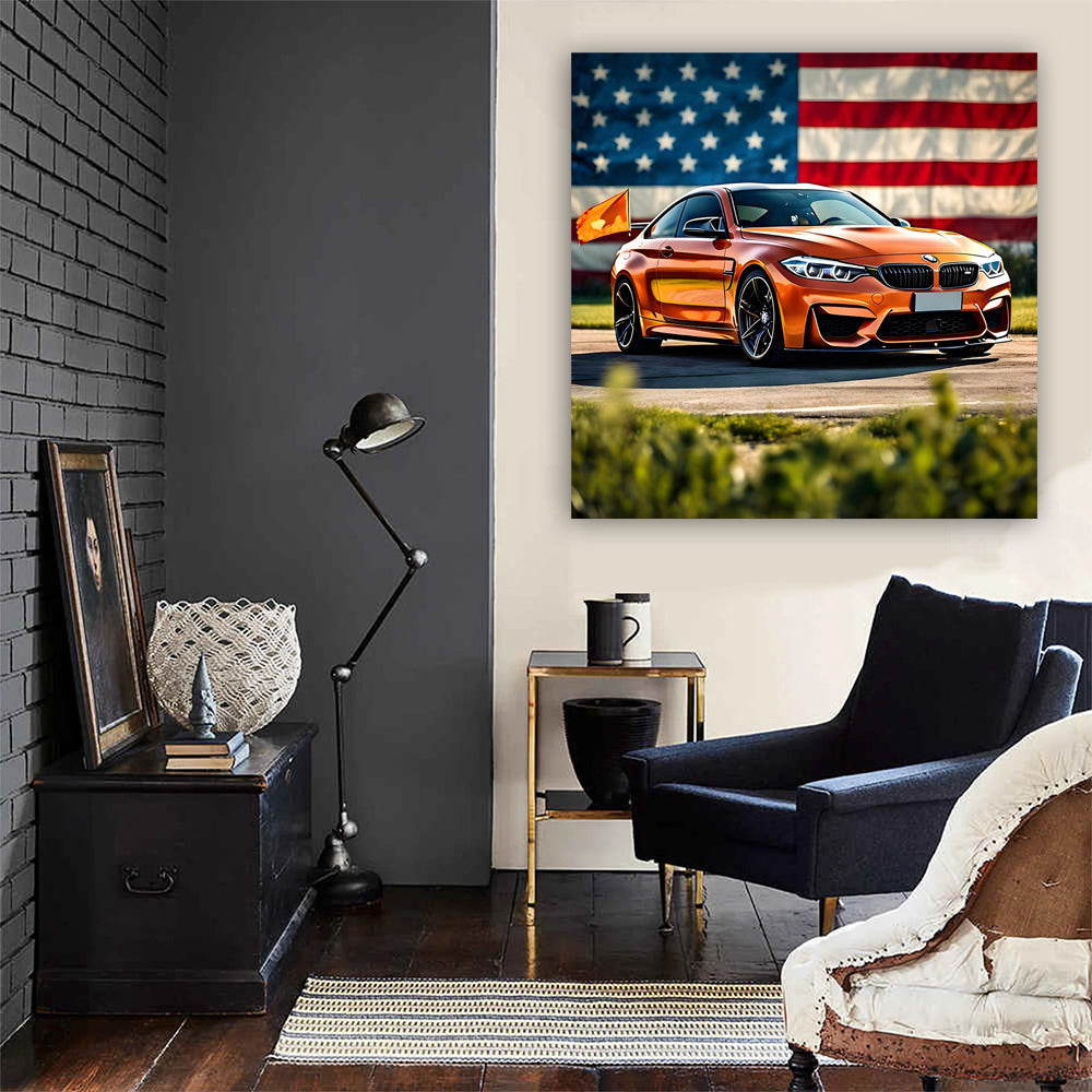 BMW M4 in Orange with USA Flag - Bold American Spirit