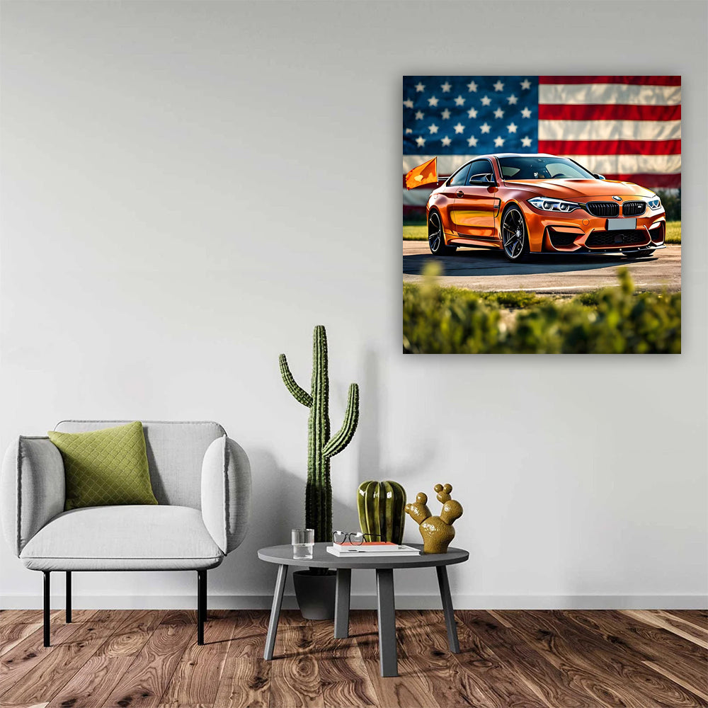 BMW M4 in Orange with USA Flag - Bold American Spirit