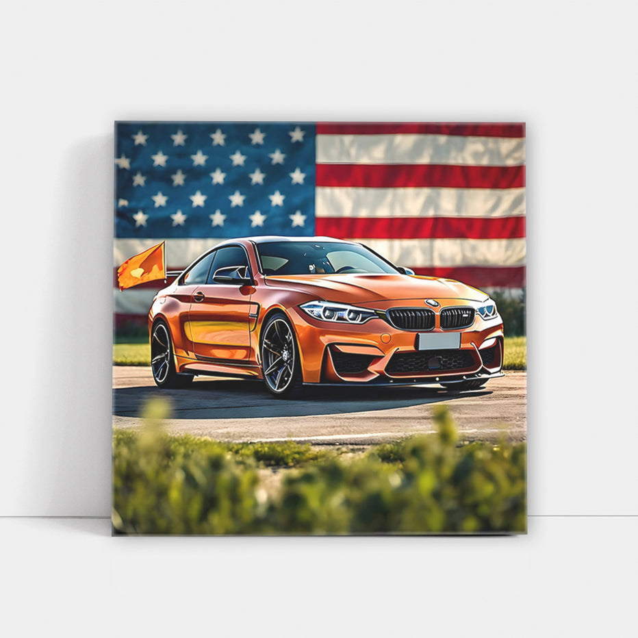 BMW M4 in Orange with USA Flag - Bold American Spirit
