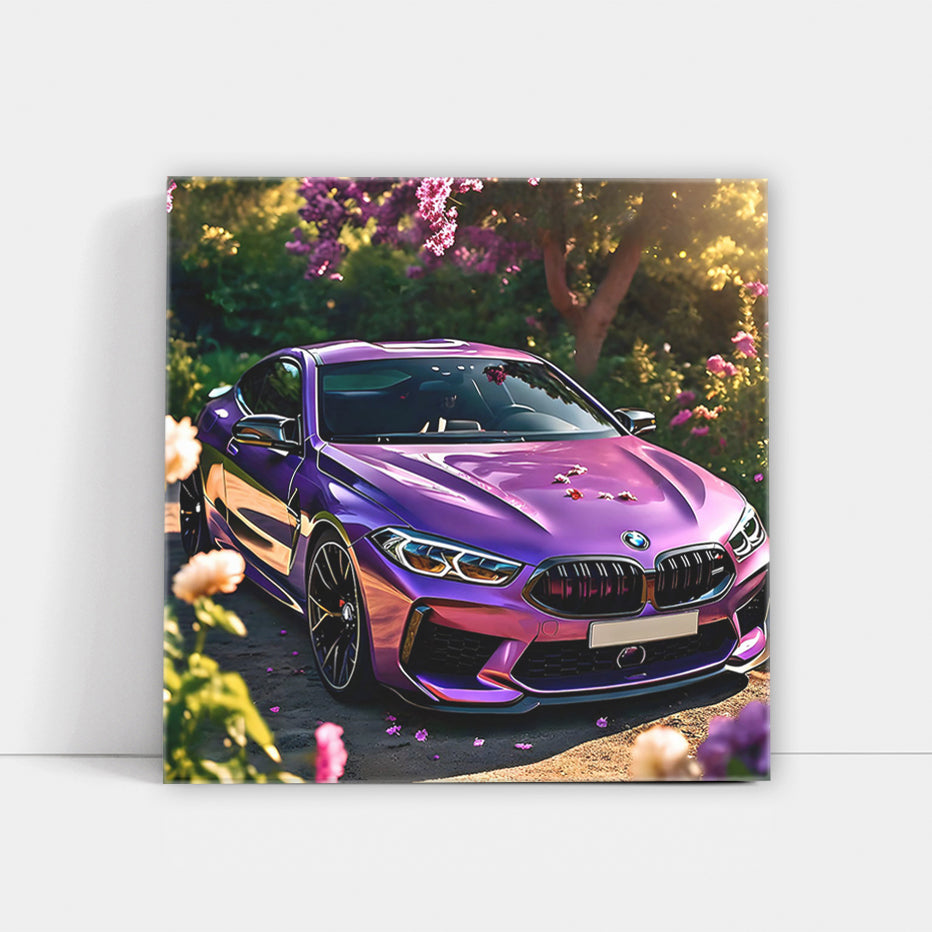 Purple BMW M8 Amid Blossoms - Elegance in Motion