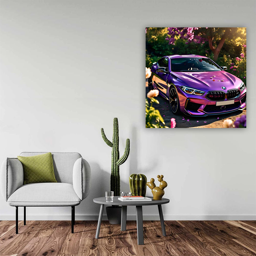 Purple BMW M8 Amid Blossoms - Elegance in Motion