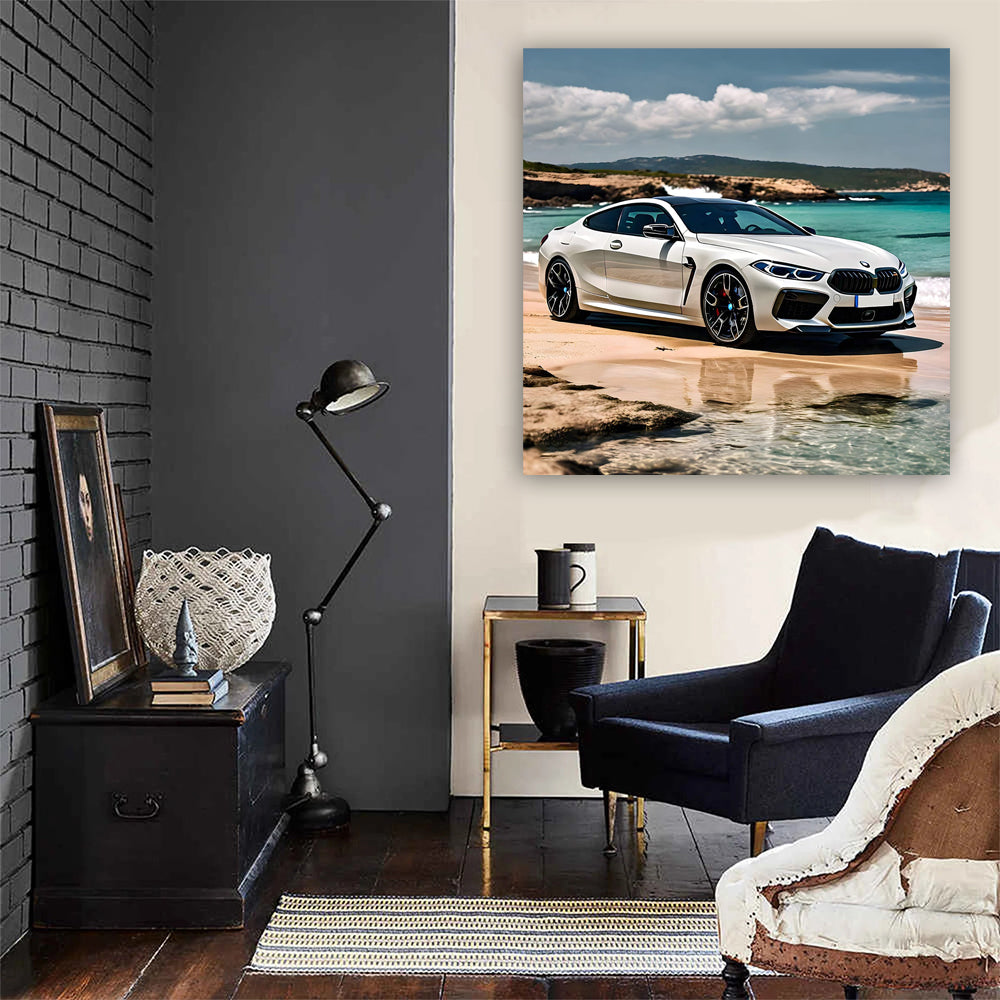 White BMW M8 on Beach - Elegant Power in Motion
