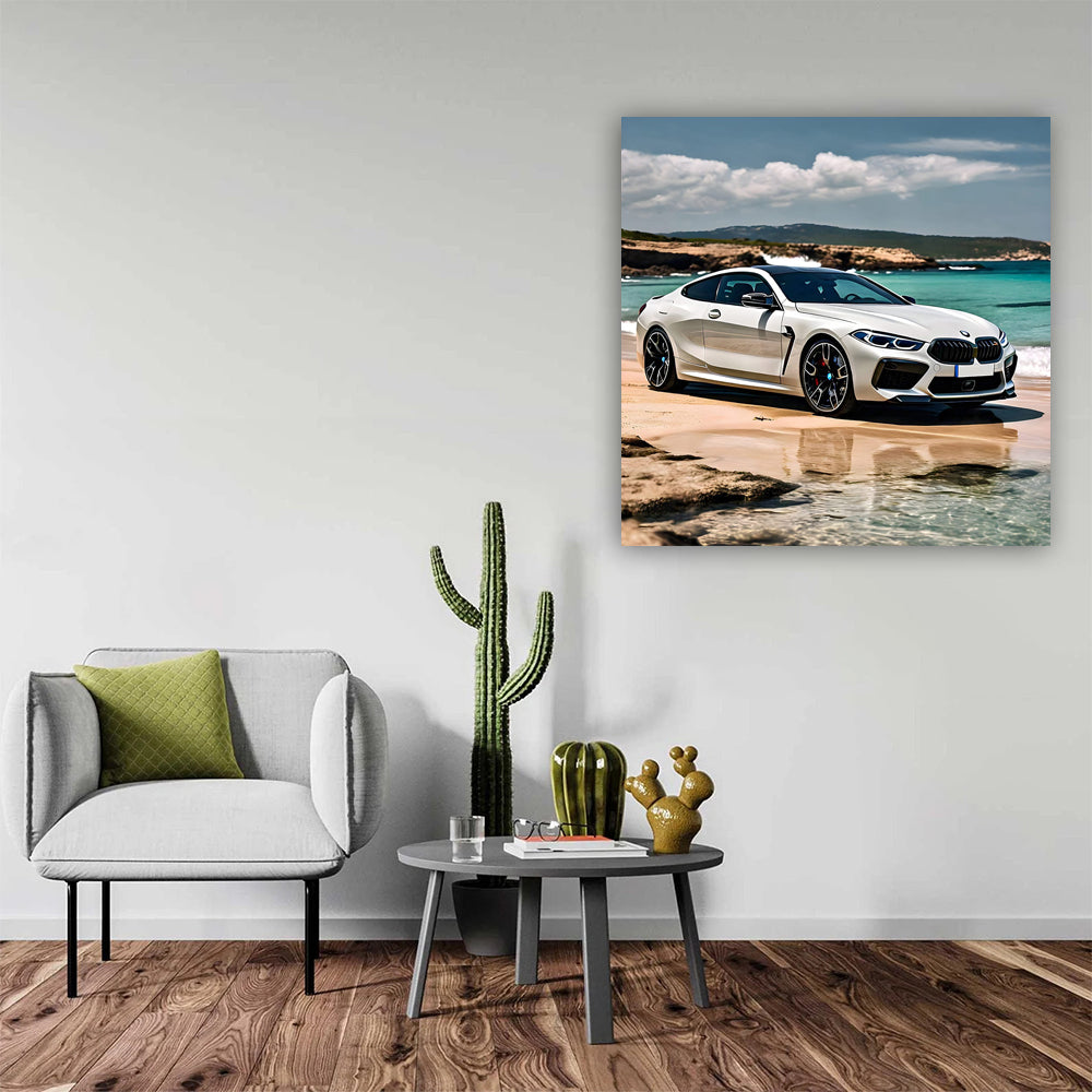 White BMW M8 on Beach - Elegant Power in Motion