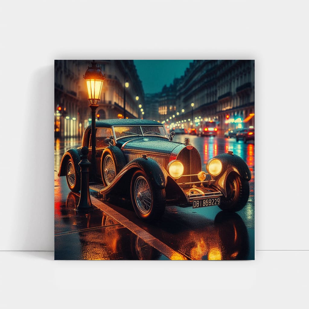 Vintage Bugatti Under Moonlight - Classic Elegance at Night