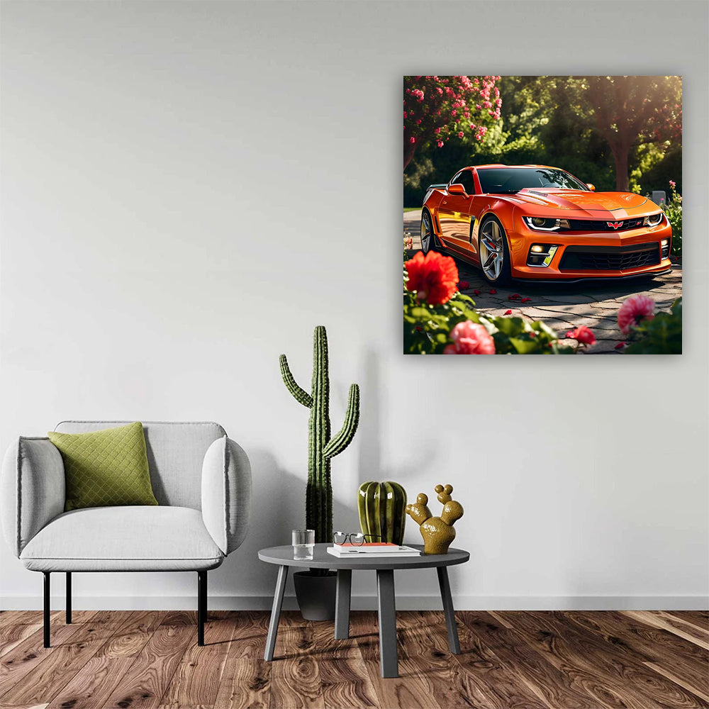 Vibrant Orange Chevrolet Corvette in Blooming Garden: Speed Meets Elegance