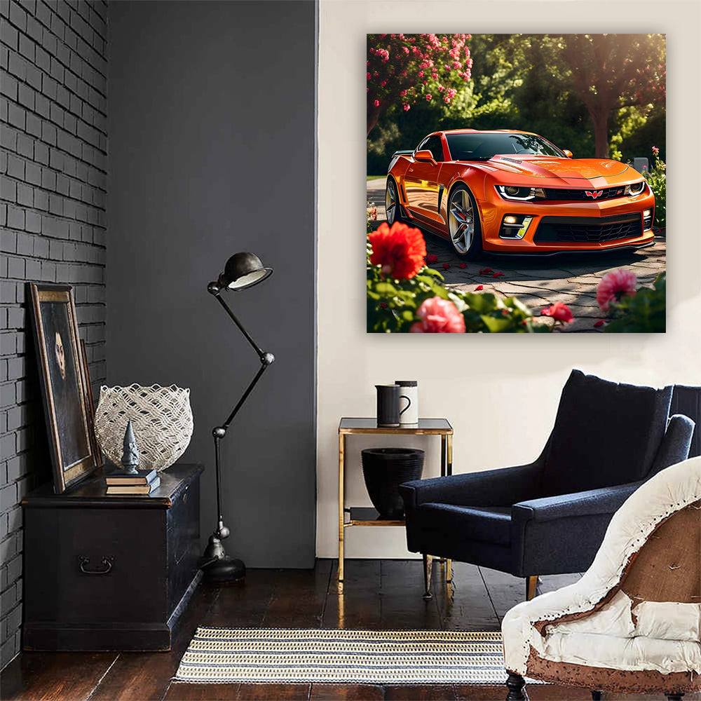 Vibrant Orange Chevrolet Corvette in Blooming Garden: Speed Meets Elegance