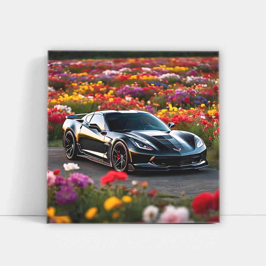 Black Chevrolet Corvette Stingray Amidst Flowers - Bold Elegance