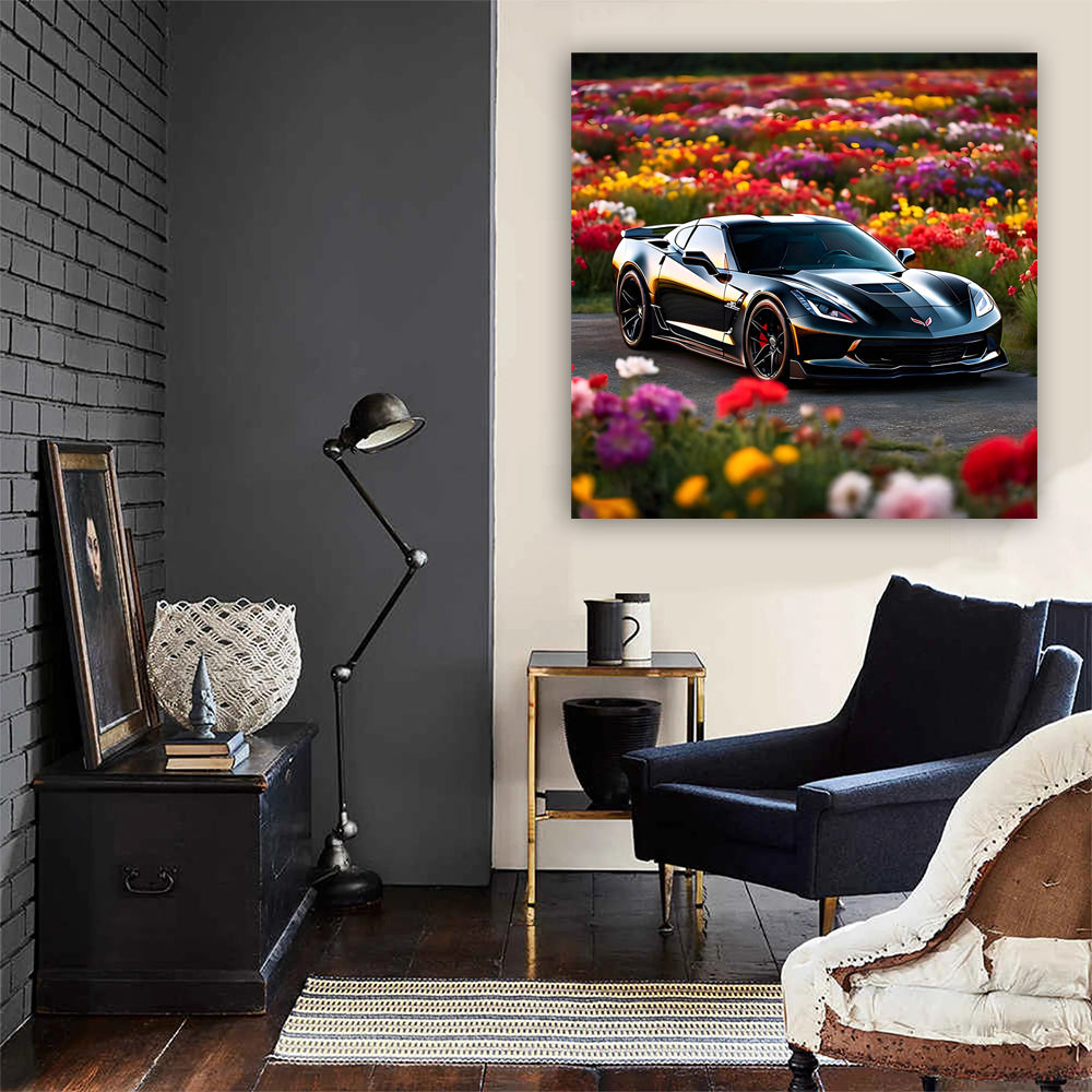Black Chevrolet Corvette Stingray Amidst Flowers - Bold Elegance