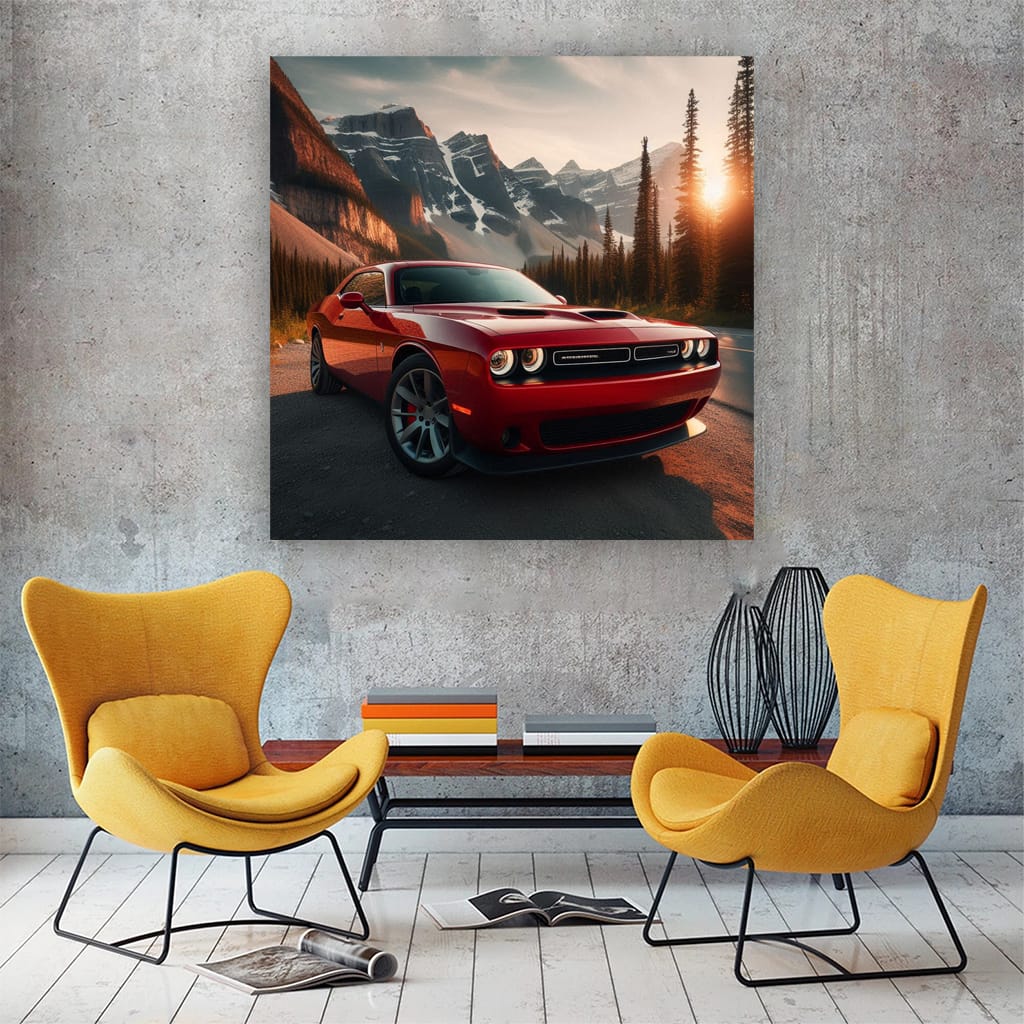 Dodge Challenger Mountains Sunset Wall Art