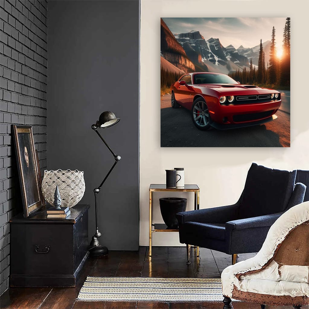 Dodge Challenger Mountains Sunset Wall Art