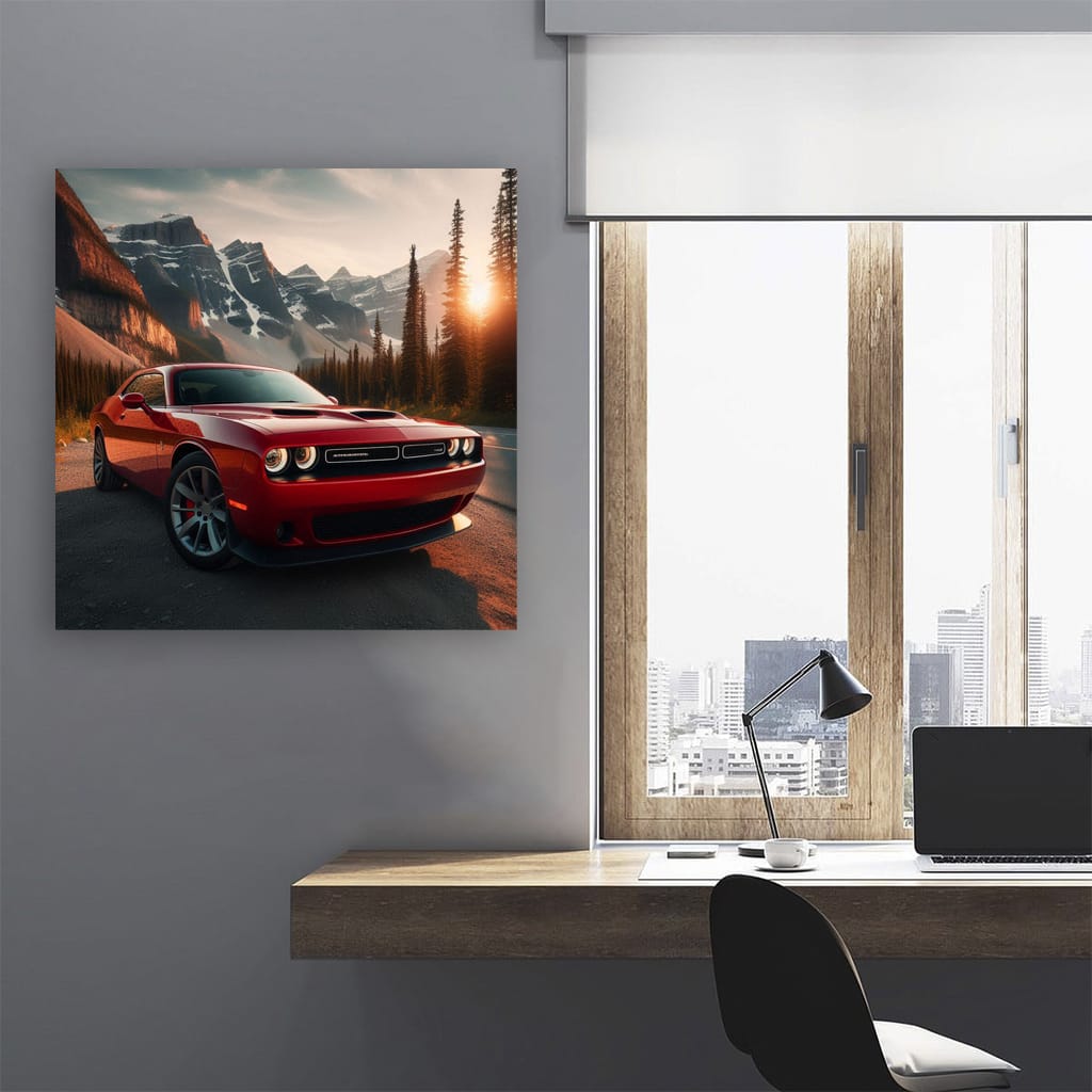 Dodge Challenger Mountains Sunset Wall Art