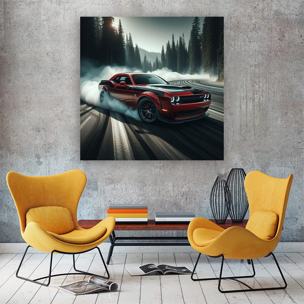 Dodge Challenger Srt Hellcat Drift in forest Wall Art