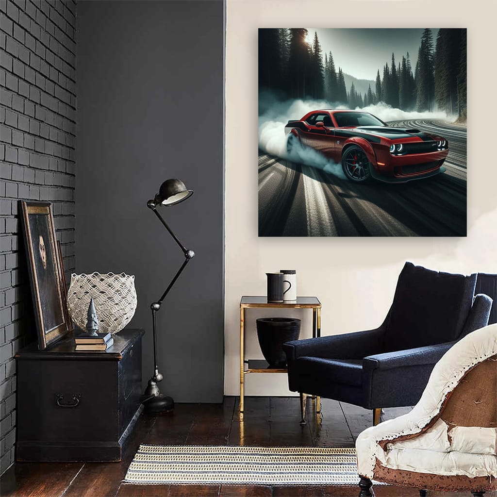 Dodge Challenger Srt Hellcat Drift in forest Wall Art