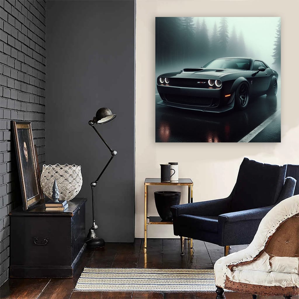 Dodge Challenger Srt Hellcat Fog in forest Wall Art