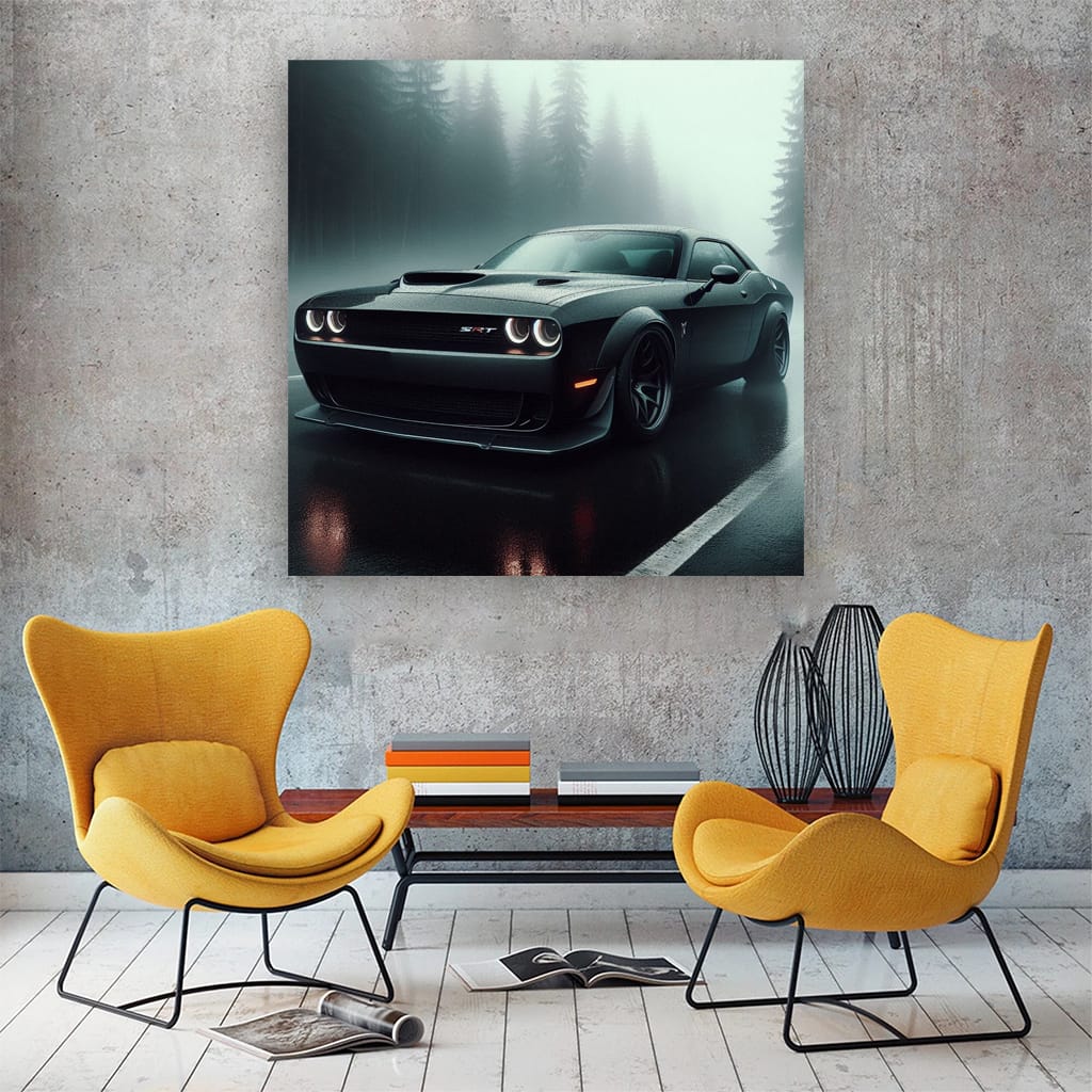 Dodge Challenger Srt Hellcat Fog in forest Wall Art