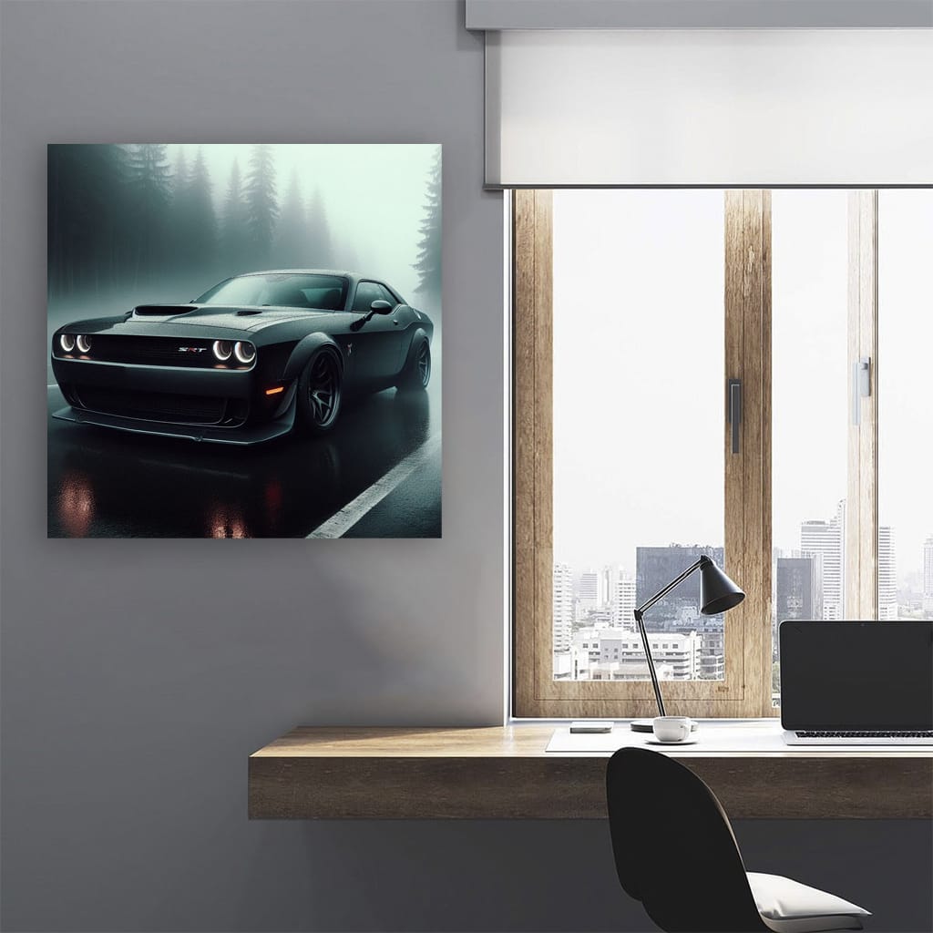 Dodge Challenger Srt Hellcat Fog in forest Wall Art