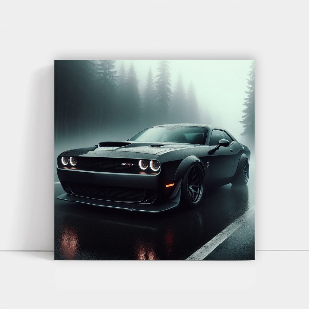 Dodge Challenger Srt Hellcat Fog in forest Wall Art