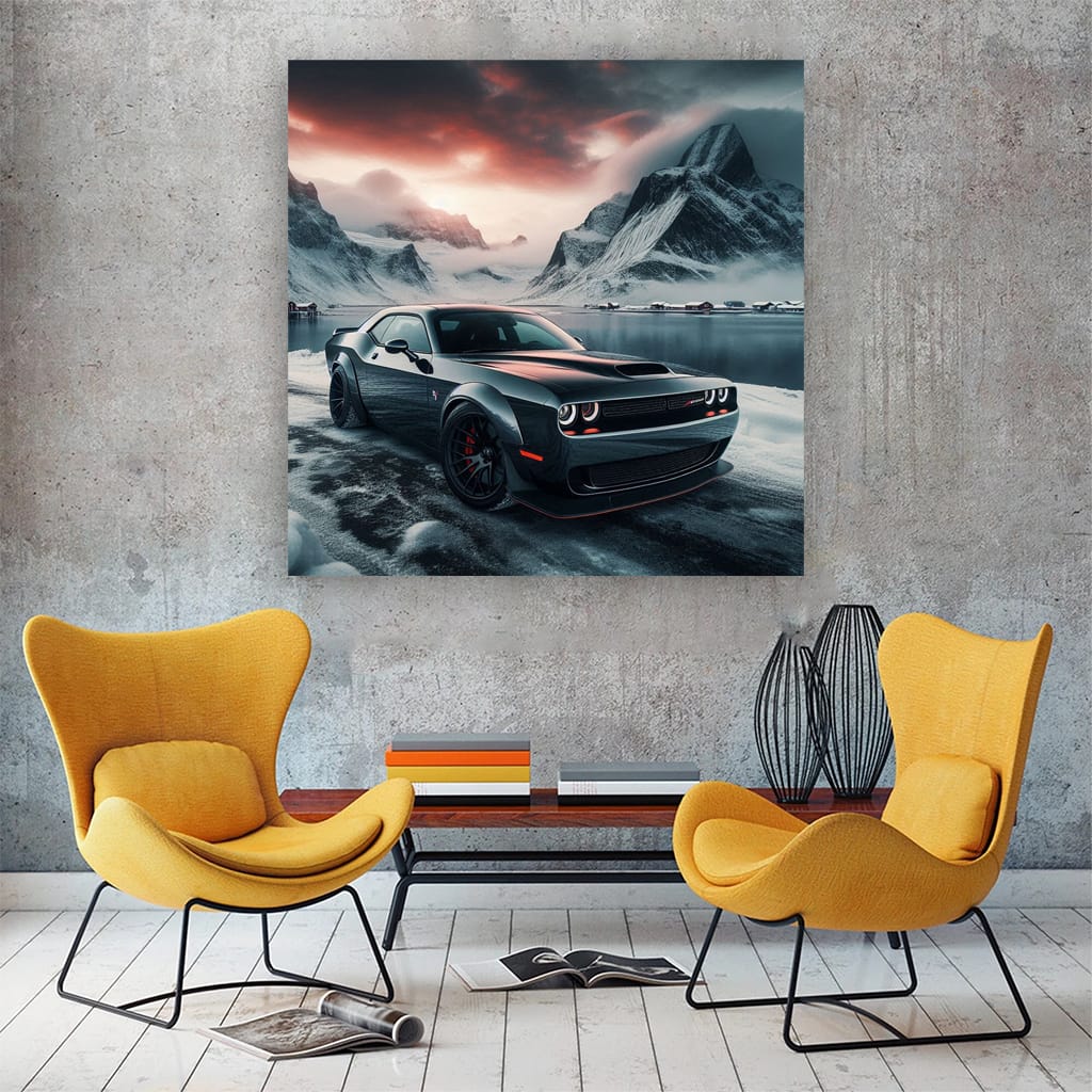 Dodge Challenger Srt Hellcat Winter Mountains Wall Art