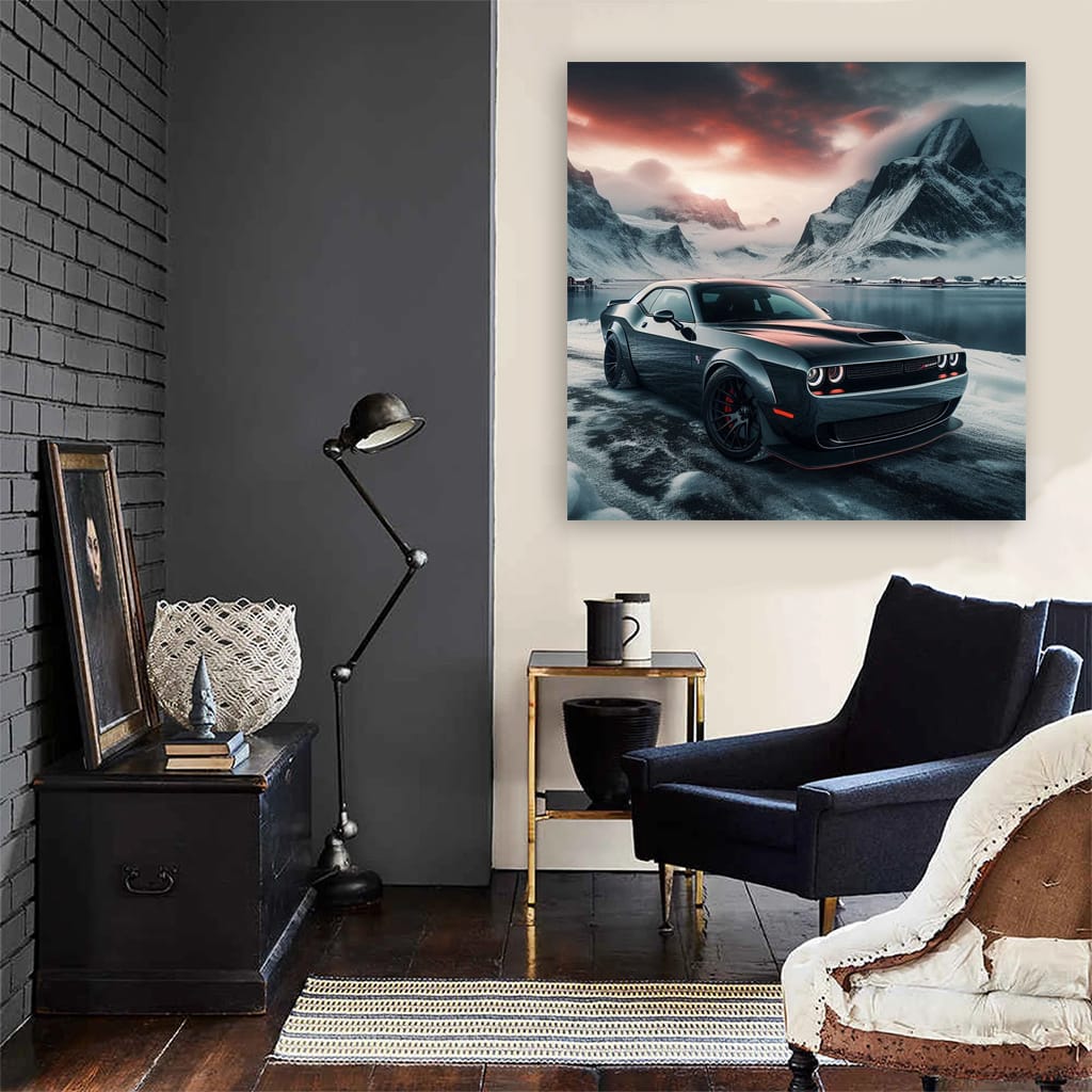 Dodge Challenger Srt Hellcat Winter Mountains Wall Art