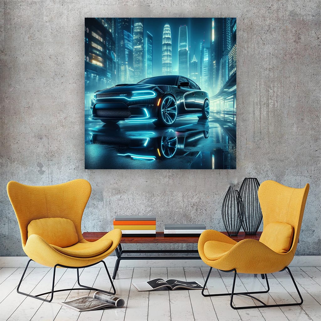 Dodge Charger Neon in city Wall Art