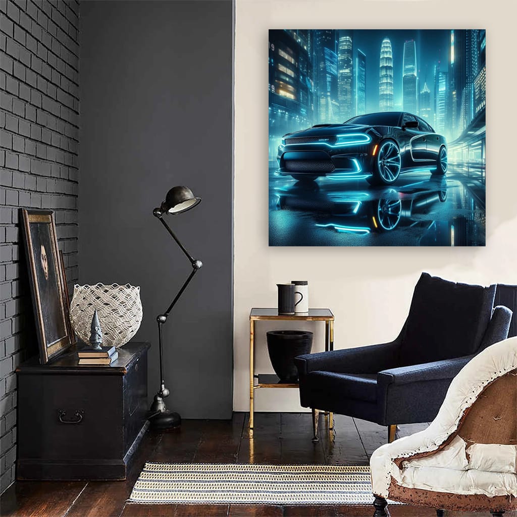 Dodge Charger Neon in city Wall Art