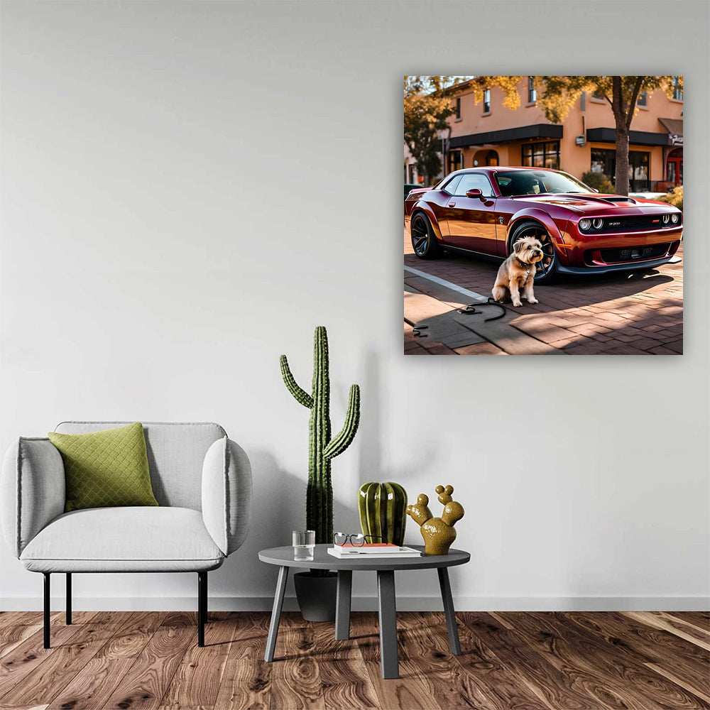 Burgundy Dodge Challenger SRT Hellcat with Dog - Power Unleashed