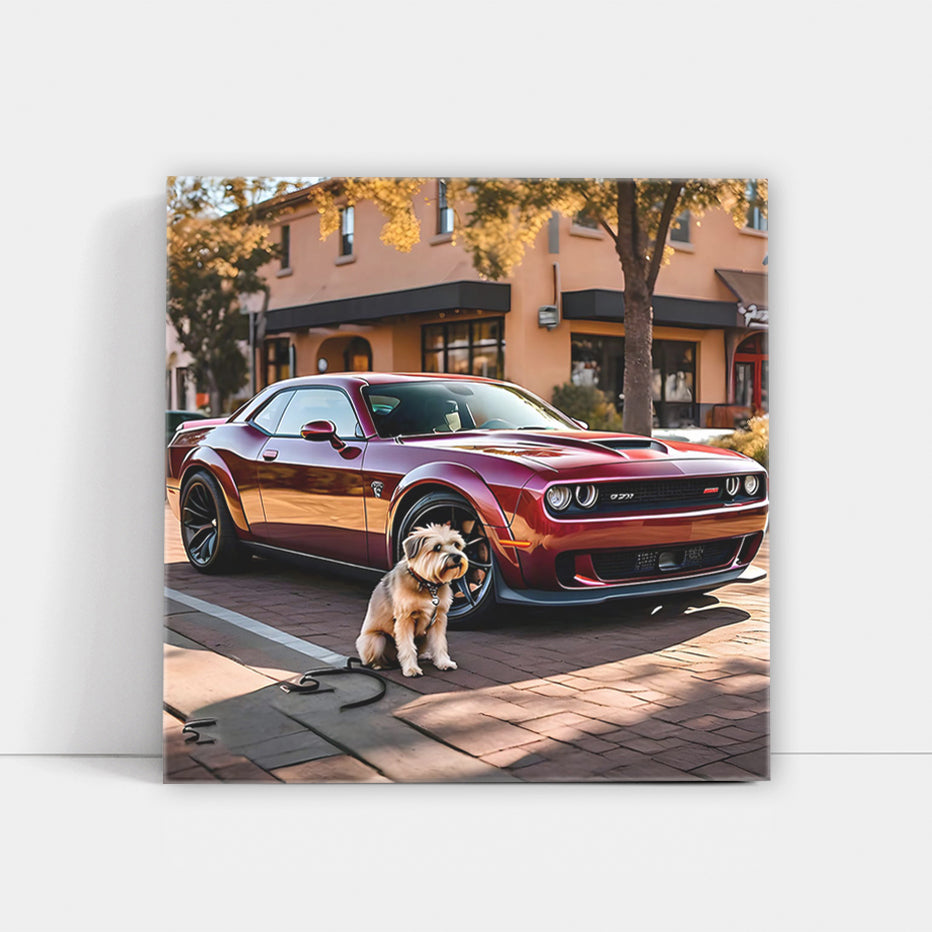 Burgundy Dodge Challenger SRT Hellcat with Dog - Power Unleashed