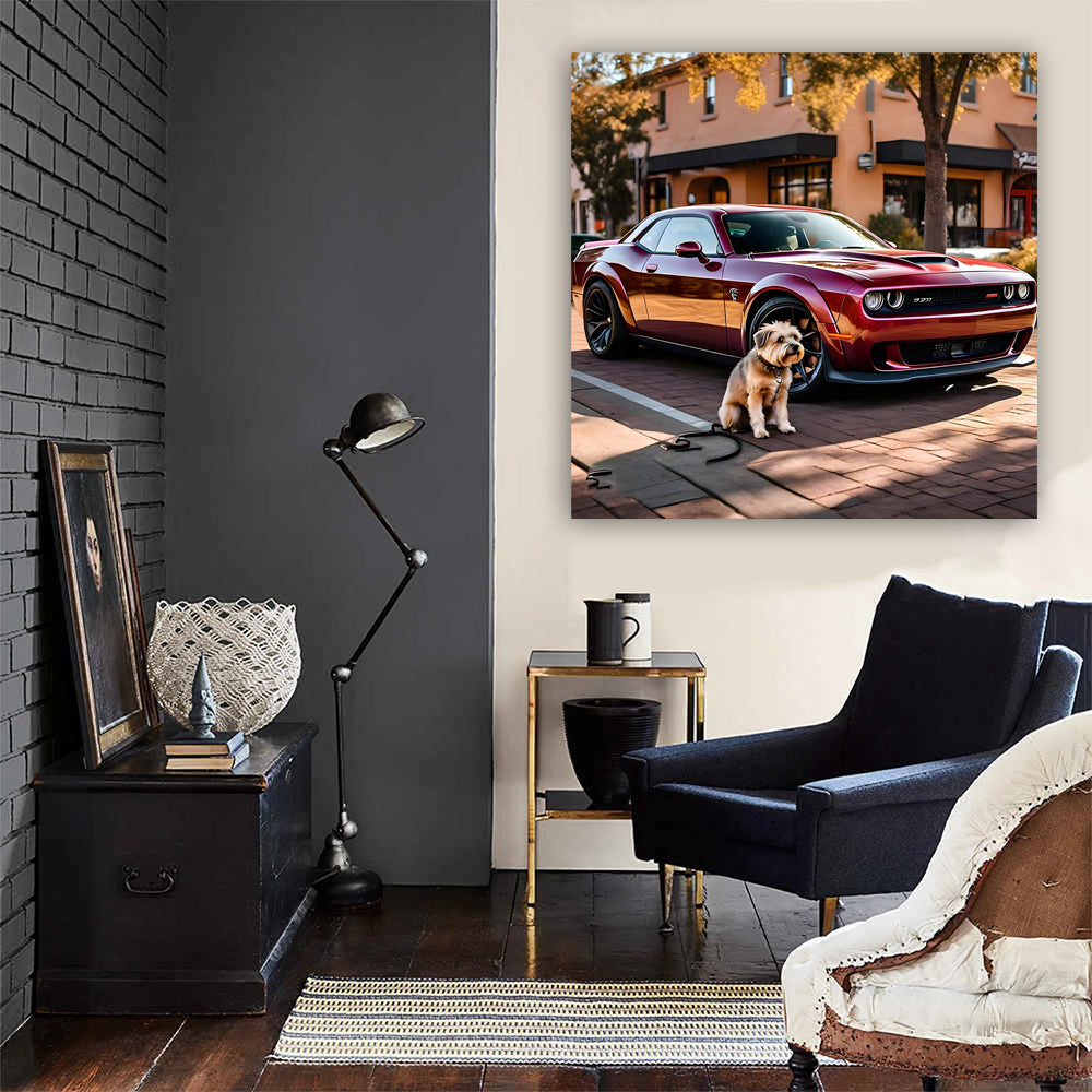 Burgundy Dodge Challenger SRT Hellcat with Dog - Power Unleashed