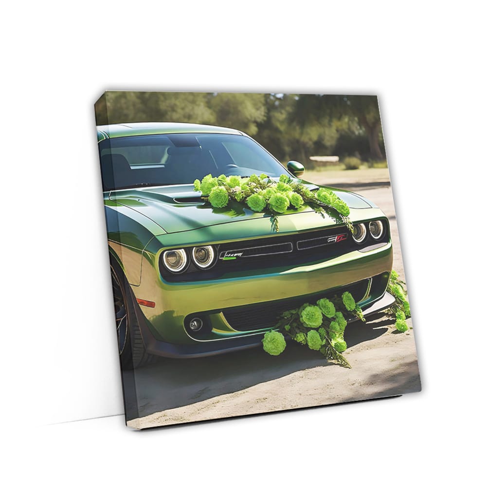 Dodge Challenger Srt Hellcat Green Flowers Wall Art