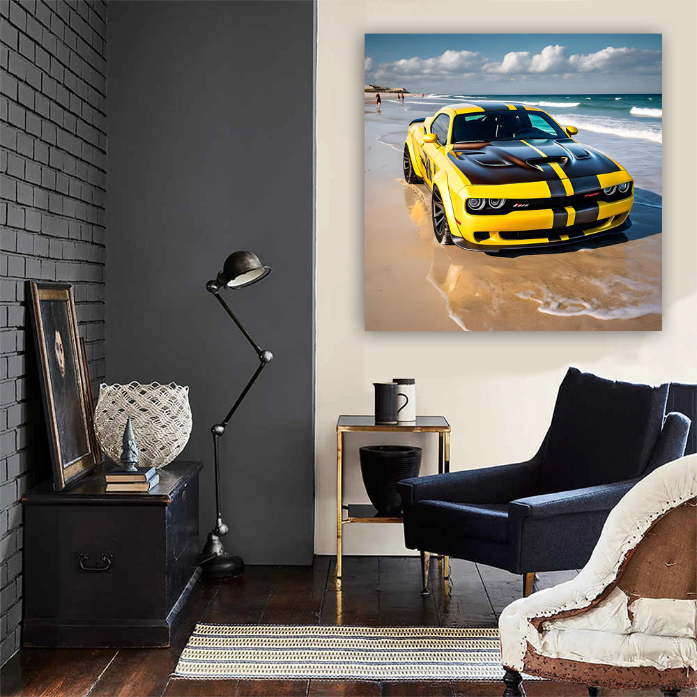 Bold Yellow Dodge Charger SRT Hellcat Roars by Beach