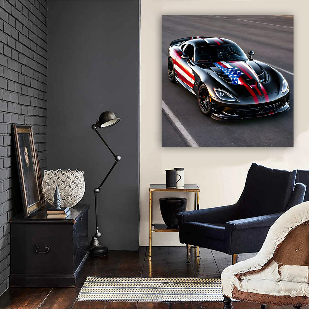 Black Dodge Viper with USA Flag - Power and Patriotism