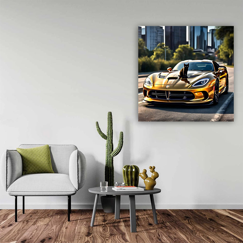 Elegant Gold Dodge Viper with Cat - Bold and Fast