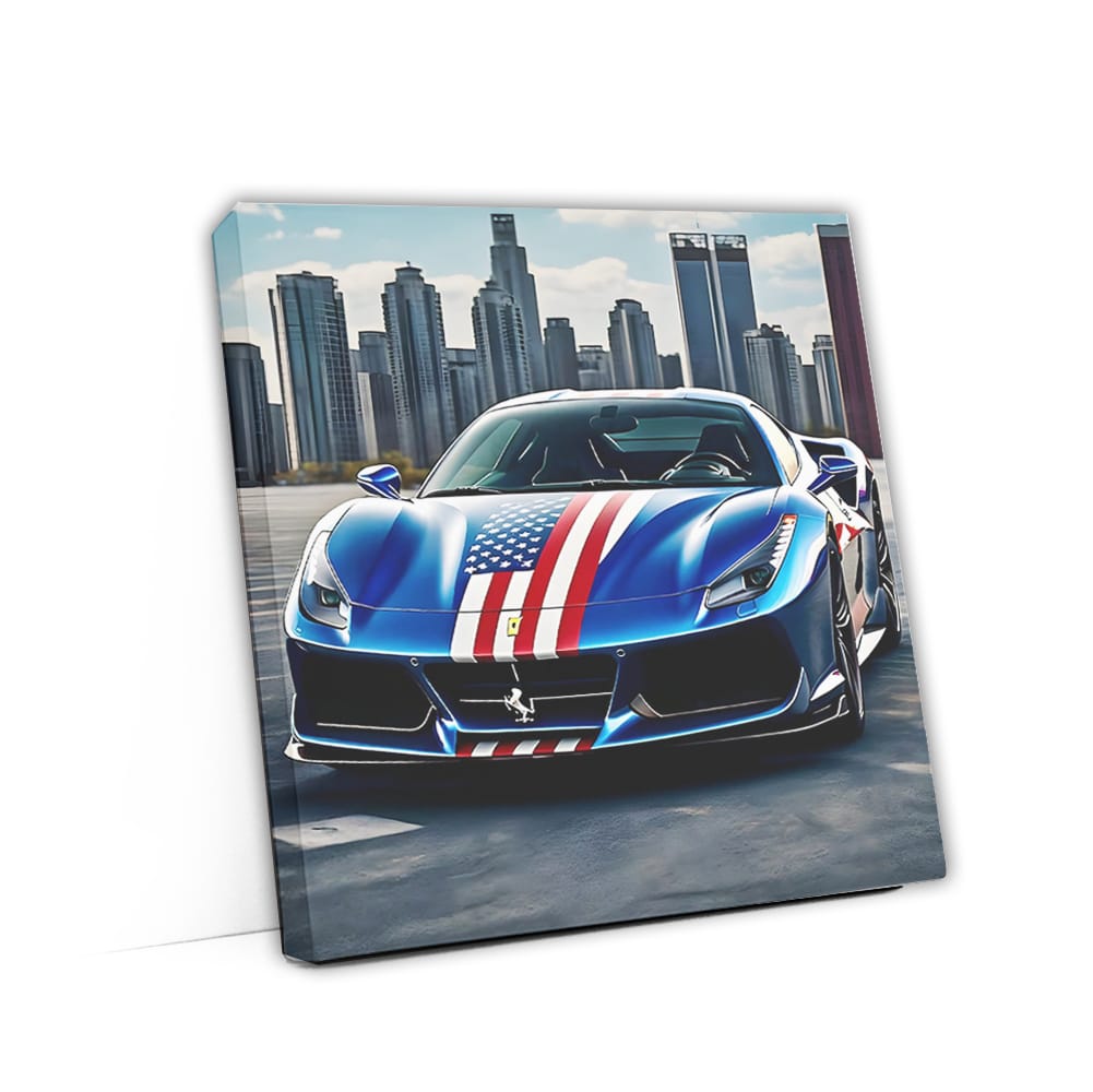 Ferrari 488 Gtb Blue With Flag United State Wall Art