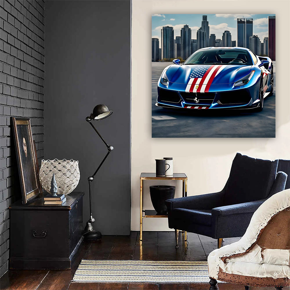 Blue Ferrari 488 GTB with US Flag - Speed and Elegance