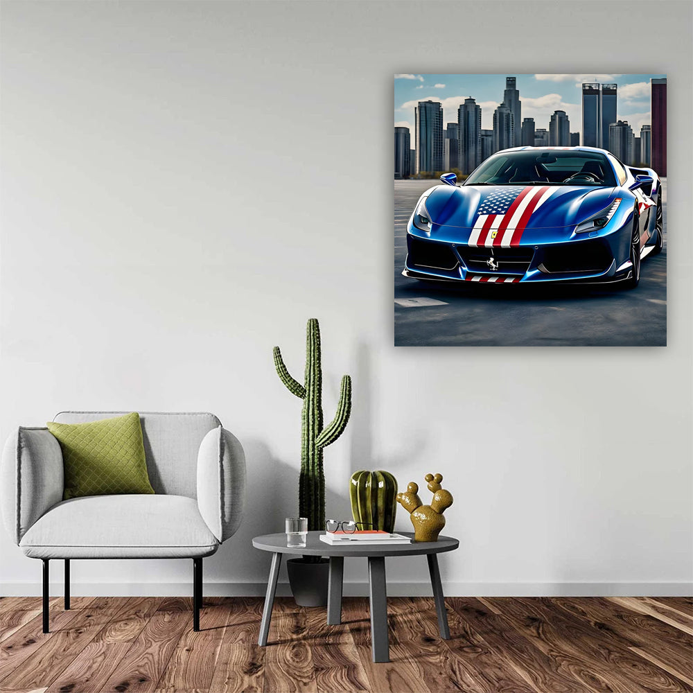 Blue Ferrari 488 GTB with US Flag - Speed and Elegance