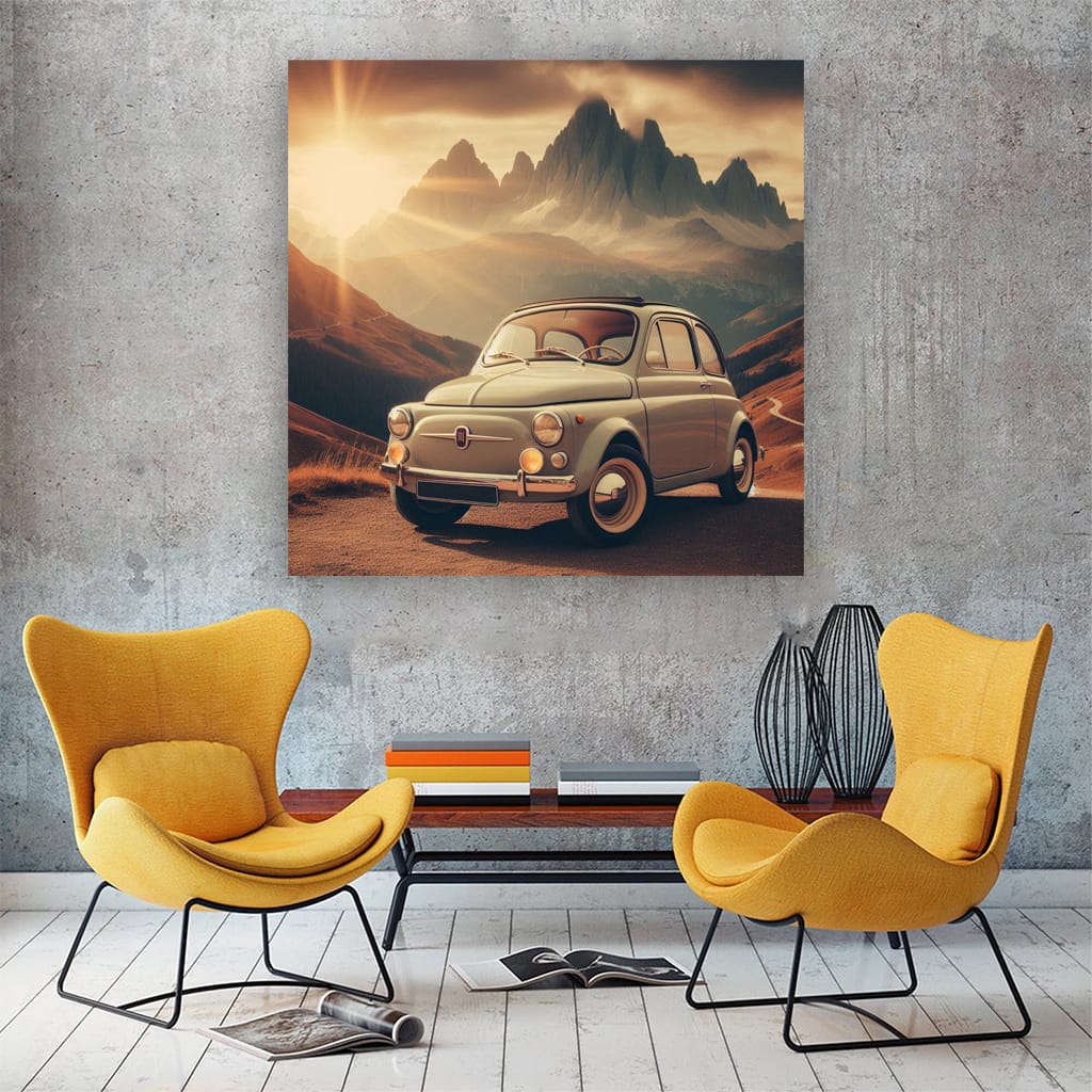 Vintage Fiat on Mountain Road - Classic Retro Charm