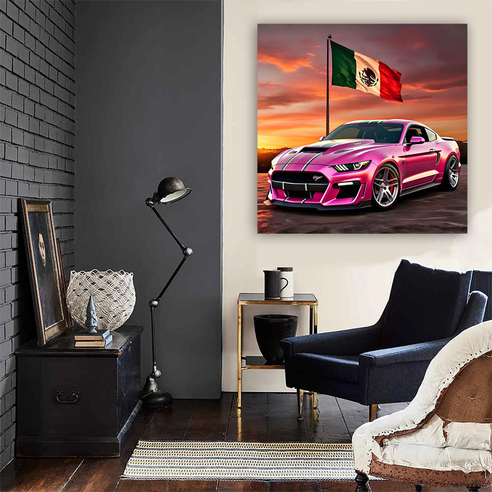 Pink Ford Mustang GT with Mexico Flag - Bold and Vibrant