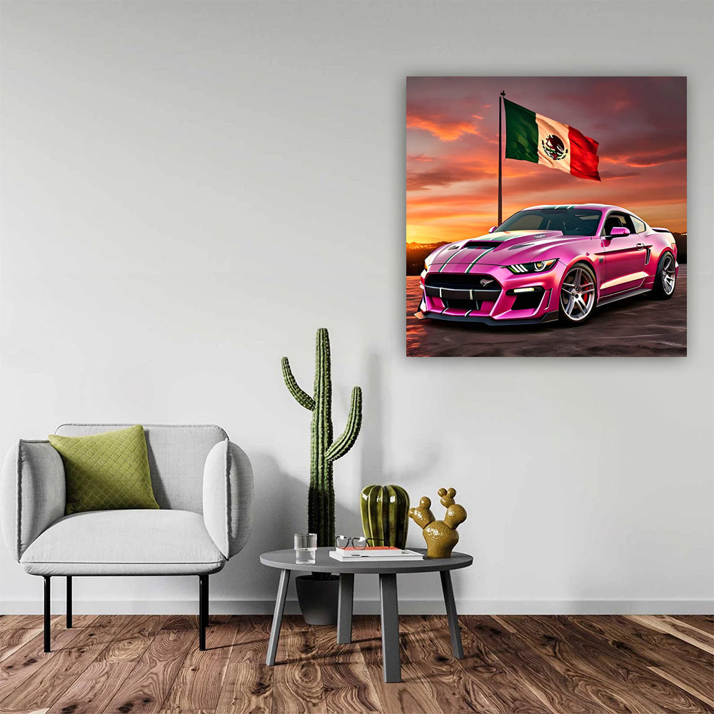 Pink Ford Mustang GT with Mexico Flag - Bold and Vibrant