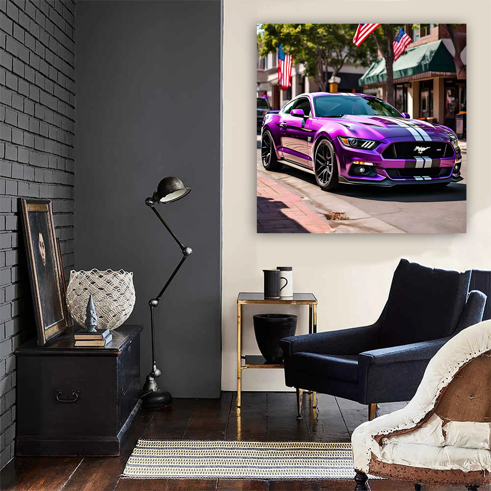 Purple Ford Mustang GT with US Flag - Bold and Iconic