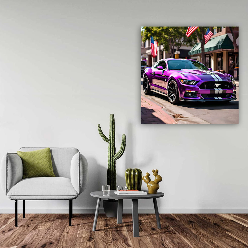 Purple Ford Mustang GT with US Flag - Bold and Iconic